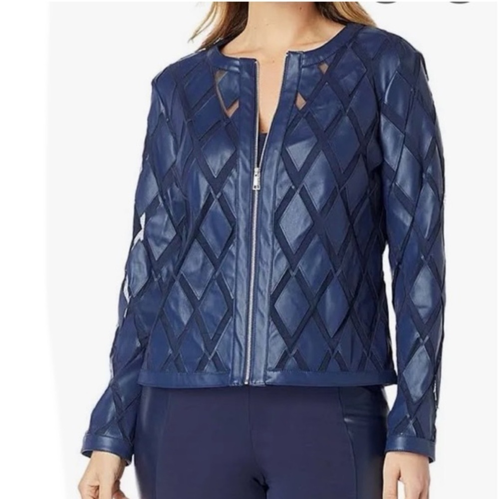 Colleen Lopez Navy Faux Leather Diamond Cutout Jacket, size L